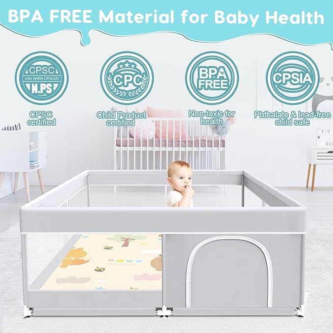 Baby Playpen with Mat, Baby Playard for Toddlers, Sturdy Safety Play Yard with Soft Breathable Mesh, Anti-Fall, 50 * 50 * 27 inches Grey