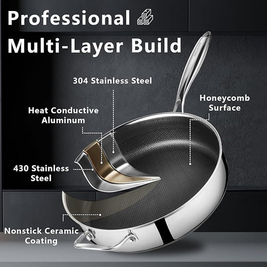 12 Inch Frying Pan Nonstick with Lid, 5.6QT Hybrid Ceramic Deep Saute Pan & Skillet, Tri-Ply Stainless Steel for Even Heat, PFOA/PFOS Free, Induction & Oven Safe