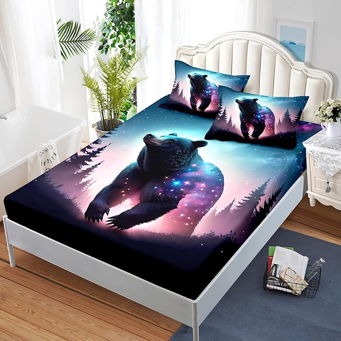 AILONEN Bear Fitted Sheet Set Twin Size, Evening Starry Sky Forest Bear Bed Sheet Set Decor,Animal Bear Wildlife Fitted Sheet and 2 Pillowcases,3 Pieces
