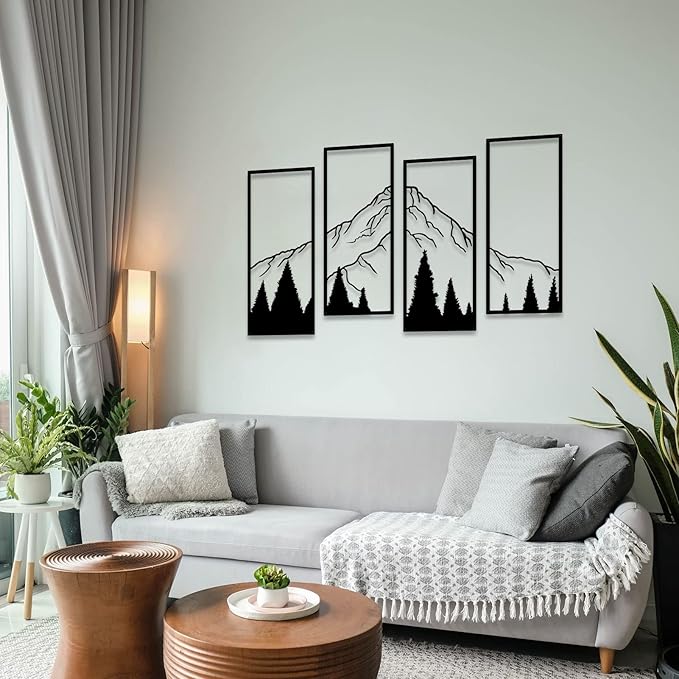 ruelen 4 Pcs Metal Mountain and Forest Wall Decorations Line Drawing Wall Art Minimalist Wall Decor Rustic Nature Home Wall Art Sculpture Office Living Room Bedroom