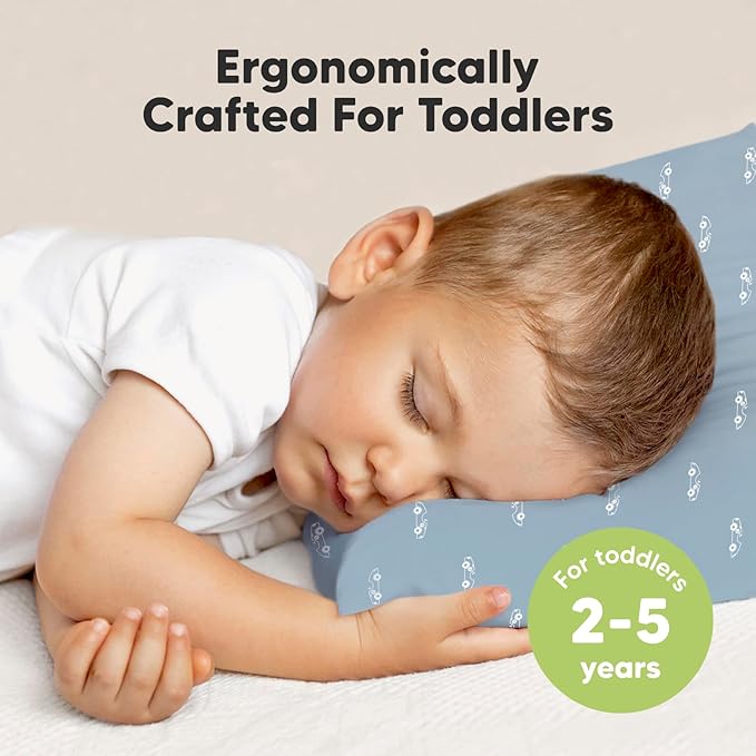 2-Pack Toddler Pillow - Soft Organic Cotton Toddler Pillows for Sleeping - 13X18 Small Pillow for Kids - Kids Pillows for Sleeping - Kids Pillow for Travel, School, Nap, Age 2 to 5 (Roadsters)