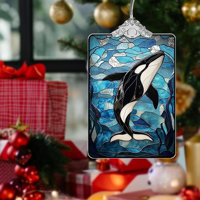 Orca Whale Stained Glass 2025 Christmas Ornament, Ocean-Themed Christmas Tree Hanging Decoration for Coastal Holiday Decor or Gift Exchange, 3.8 x 2.4 Inch