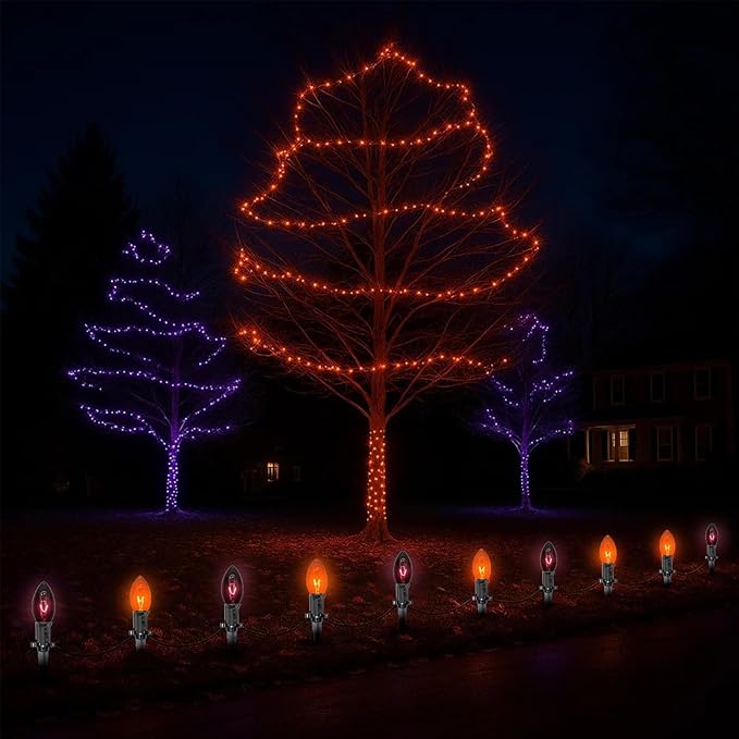 Halloween Pathway Lights Outdoor,10 Pack Halloween Party Decor Stake Lights with C9 Clear Black&Orange Bulbs,19.5Ft Extendable Waterproof Walkway Lights for Yard Porch Lawn Garden