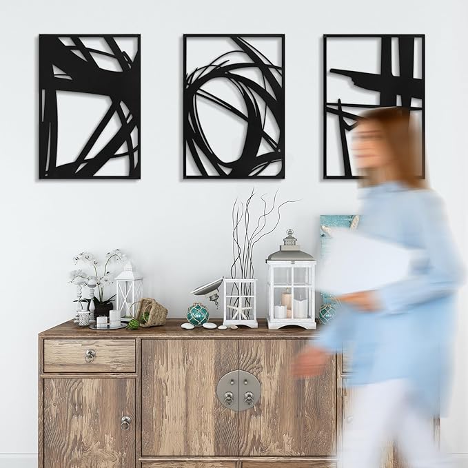 Pinetree Art Black Abstract Metal Wall Art, 3D Textured Metal Wall Sculptures, Hollow Out Design Modern Wall Decor for Living Room Bedroom Home Office (M, 16" x 24" x 3pcs)
