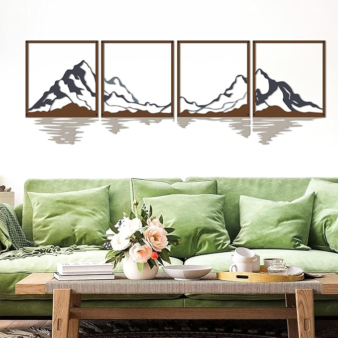 ESTART 4 PCS Metal Mountain Wall Art, Large Mountains Wall Decor, Mountain Forest Decorative Painting Suitable For Living Room Bedroom Office Indoor And Outdoor