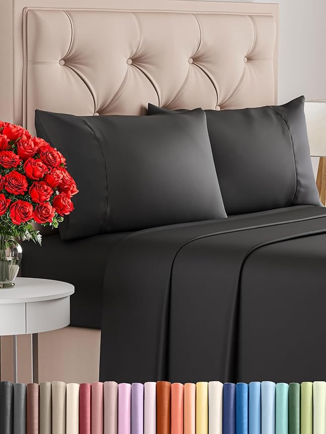 CGK Linens Twin XL 4 Piece Sheet Set - Cooling Sheets for Hot Sleepers - Hotel Luxury Bedding Set with 8-16 Inch Deep Pockets - 1 Flat & 1 Fitted & 2 Pillowcases - Soft, Comfy & Wrinkle Free - Black
