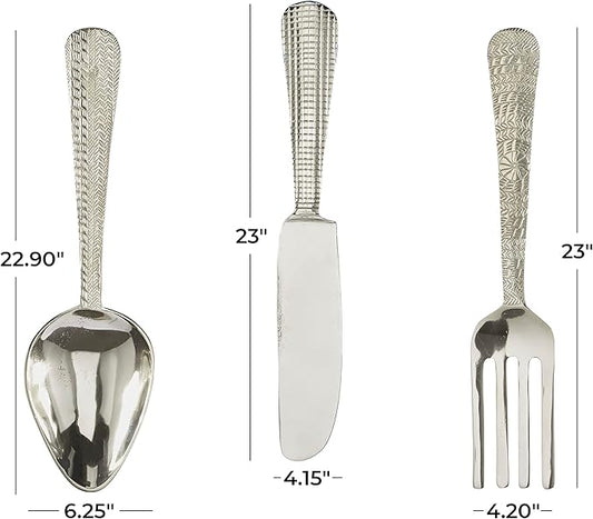 Deco 79 Aluminum Metal Utensils Home Wall Decor Knife, Spoon and Fork Wall Sculpture, Set of 3 Wall Art 23", 23", 23" H, Silver