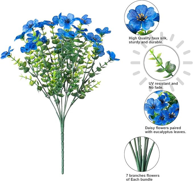 Artificial Fake Plants Flowers for Outdoor Outside Summer Decoration, 12 Bundles Faux Silk Blue Daisy UV Resistant Look Real for Porch Patio Home Yard Garden Planter