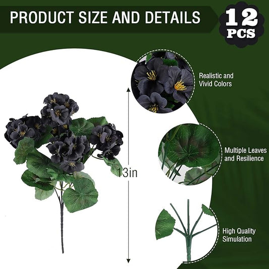Hananona 12 Bundles Artificial Geranium Flowers for Outdoors Black Silk Geranium Flowers Outdoor UV Resistant Plants Faux Black Flower for Home Kitchen Halloween Table Centerpieces Decor (12, Black)