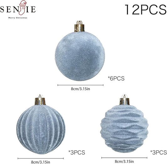 3.15inch Dusty Blue Velvet Christmas Ornaments for Xmas Tree, 12 pcs Flocked Christmas Balls Set Assortment for Holiday Decor