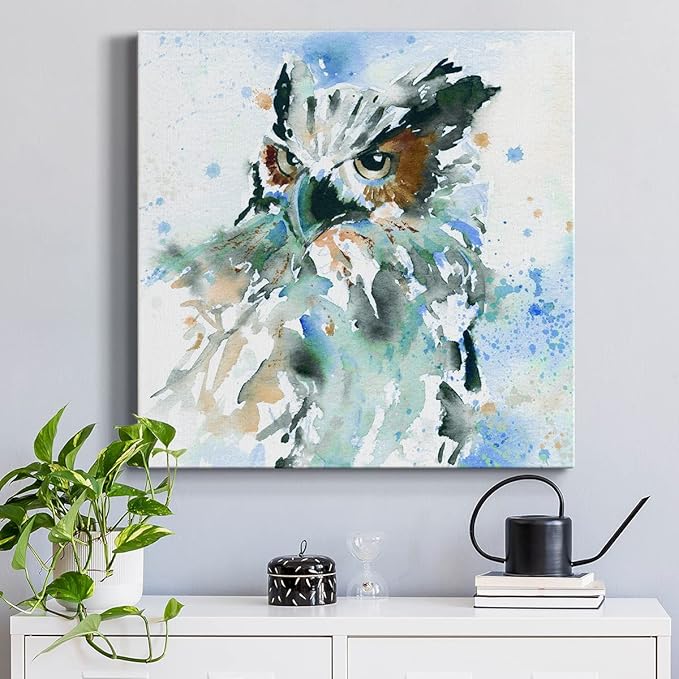 Canvas Prints Wall Art Animals Painting for Wall Décor, Owl On Blue Wall Art, Ready to Hang, 32'' x 32''