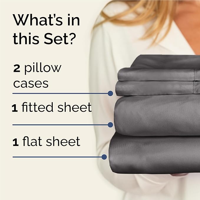 CGK Linens Twin XL 4 Piece Sheet Set - Cooling Sheets for Hot Sleepers - Hotel Luxury Bedding Set w/ 8-16 Inch Deep Pockets - 1 Flat & 1 Fitted & 2 Pillowcases - Soft, Comfy & Wrinkle Free - Dark Grey