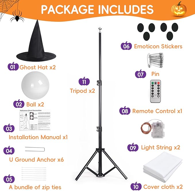 2 Pack Halloween Decorations Outdoor, Cute Ghost Halloween Party Decorations with Remote Control String Lights, Spooky Ghost Halloween Lights Outdoor Decorations for Porches, Yards, Gardens, Lawn