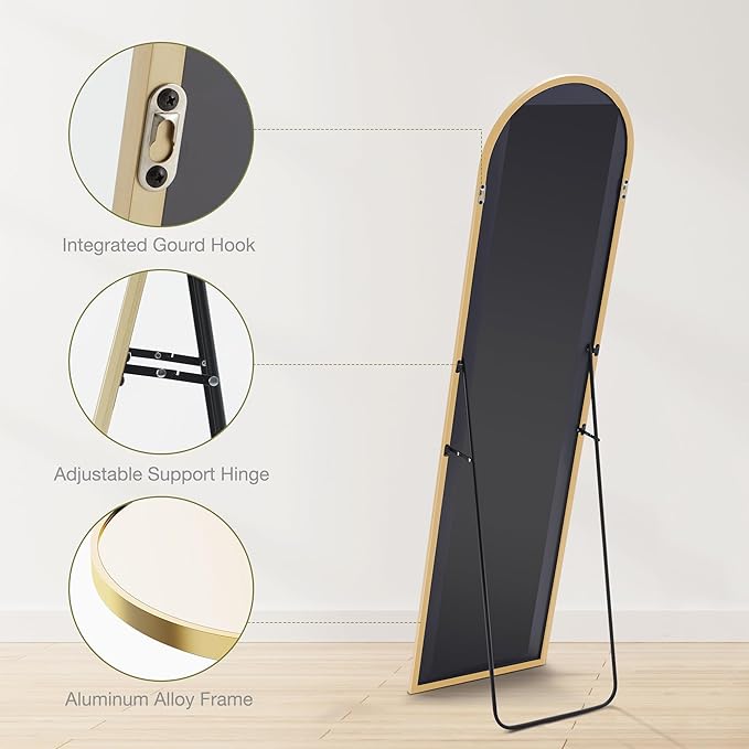 Sweetcrispy 59"x16" Arched Full Length Mirror, Standing or Leaning Full Body Mirror with Aluminum Alloy Thin Frame, Suitable for Bedroom or Cloakroom,Gold