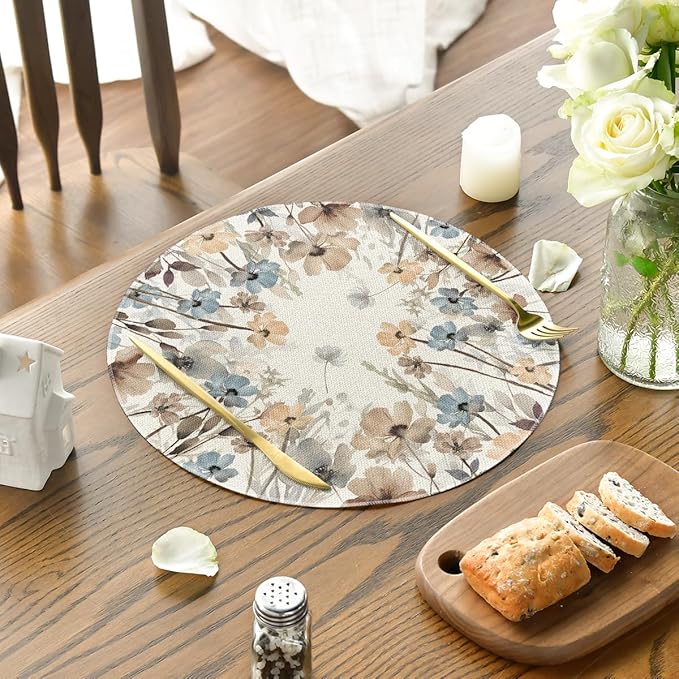 Artoid Mode Brown Poppy Floral Leaves Round Placemats Set of 4,15 Inch Seasonal Summer Table Mats for Party Kitchen Dining Decoration