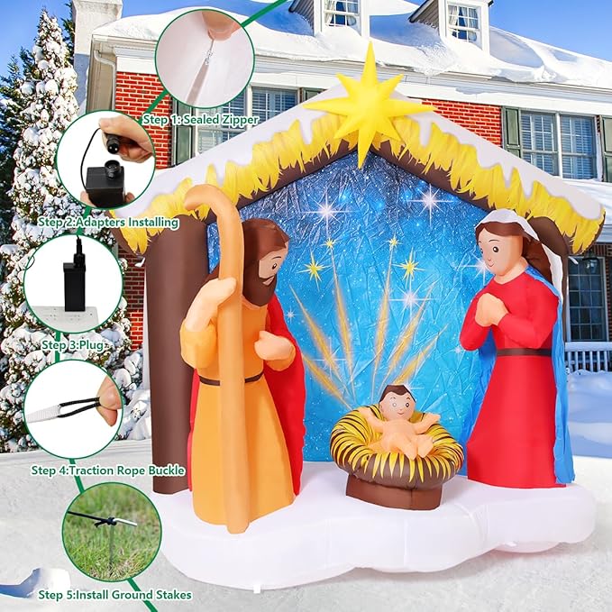 COMIN 5.9 FT Christmas Inflatables Outdoor Decorations Inflatable Nativity Scene Joy Jesus Blow Ups with Built-in LEDs for Yard Party Lawn Decor