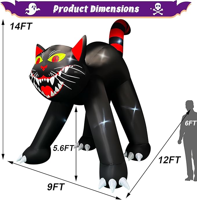 SEASONBLOW 14 Ft Giant Halloween Inflatable Black Cat Decoration LED Light Up Giant Blow Up Black Cat Archway for Halloween Party Indoor Outdoor Garden Yard Decor