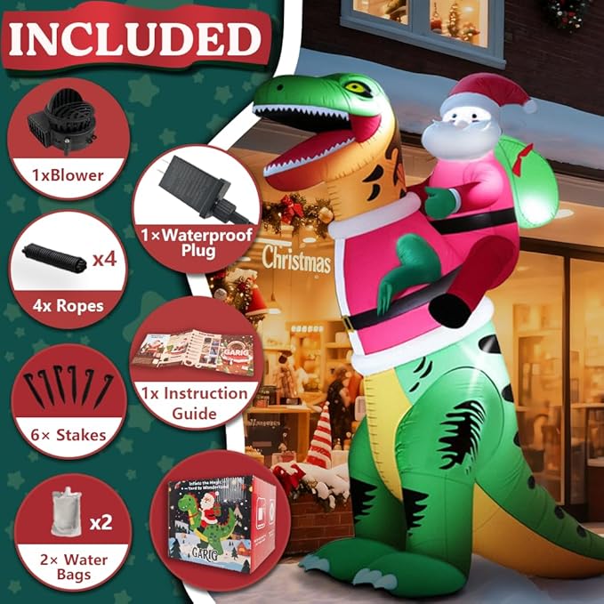 GARIG 9FT Christmas Inflatables Dinosaur and Santa Claus Outdoor Decorations, Christmas Blow Up Yard Decorations with Built-in LEDs for Xmax Outdoor Party, Yard, Garden