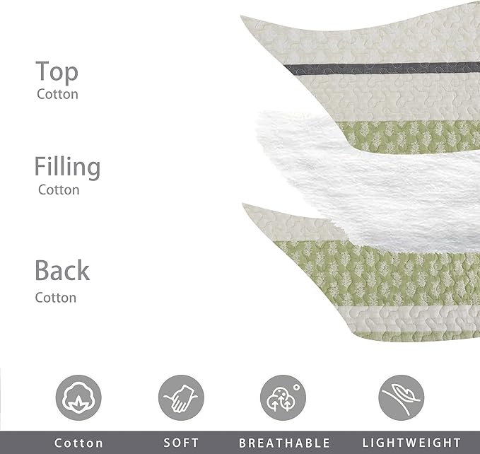 Homzard Quilts Queen Size,Cotton Queen Comforter Set,Green Beige Grey Quilt Bedspread Set,Striped Bedding,Cotton Lightweight Bed Comforter All Season 3 Piece