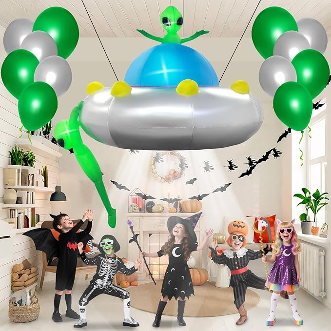 Kalolary 6FT Halloween Inflatable Hanging Alien UFO Outdoors Decoration, Blow Up Yard Decorations Scary Alien Inflatable with Build-in LED Lights for Halloween Party Garden Lawn Indoor Outdoor Decors
