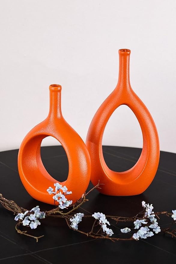 Orange Ceramic Vase Set 2,Modern Hollow Circle with Hole Flower Vase for Home Decor,for Table Centerpieces,Farmhouse,Fire Place,Living Room,Bedroom,Office,Bookshelf,Rustic Decor