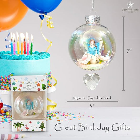 Blue Fairy Christmas Ornament - Handmade Shatterproof Decorations for Indoor Outdoor Xmas Tree - Clear Ball Ornaments with Magnetic Crystal - Great Gift or Stocking Stuffer for Mom, Sister, Friend