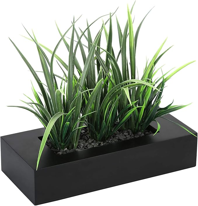 MyGift Artificial Green Grass Plants Potted in 9-inch Matte Black Wood Decorative Planter, Tabletop Faux Greenery in Wooden Rectangular Pot Centerpiece Décor