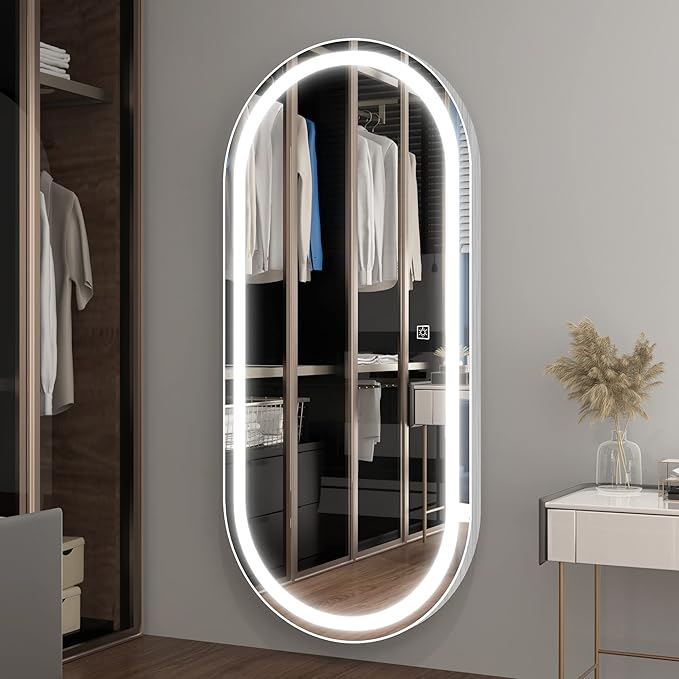 FENNIO 70" x 32" Large Luxury Wall Mounted Mirror with LED Lights - Oval Full Length LED Lighted Full Body Dressing Mirror for Bedroom, Salon, Brushed Aluminum Frame, Tempered Glass