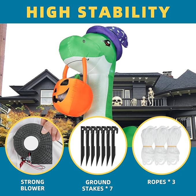 ININ 10FT Giant Halloween Inflatable Dinosaur Decorations Outdoor,Halloween Blow Up Yard Decorations Built-in LED Lights,Halloween Party Decor,for Yard/Lawn/Garden.