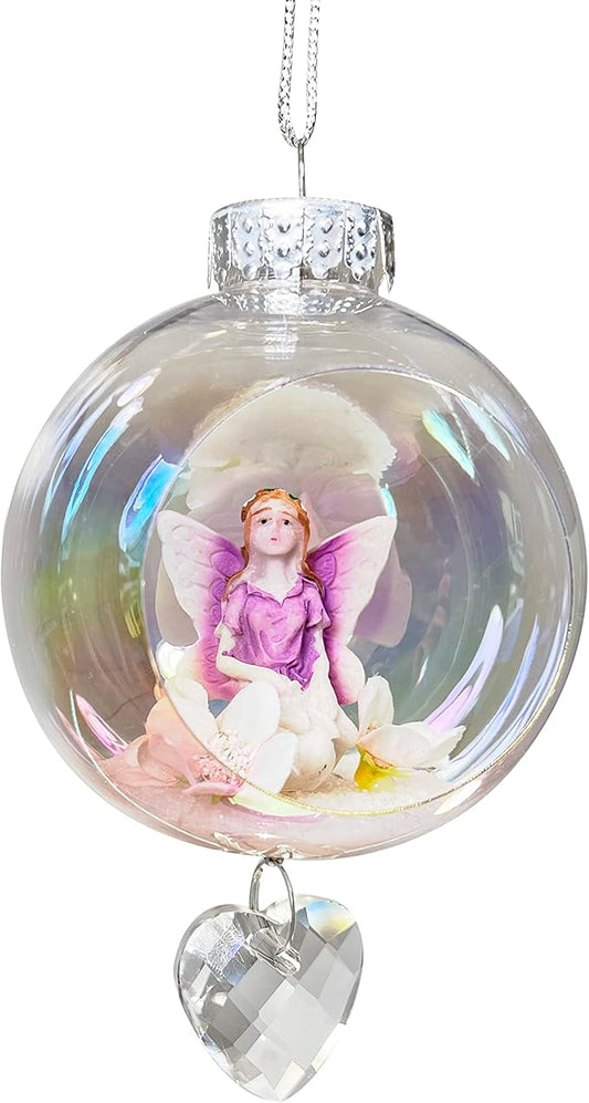 Purple Fairy Christmas Ornament - Handmade Shatterproof Decorations for Indoor Outdoor Xmas Tree - Clear Ball Ornaments with Magnetic Crystal - Great Gift or Stocking Stuffer for Mom, Sister, Friend