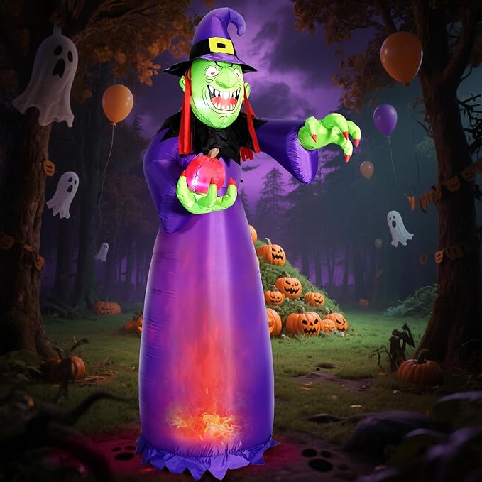 DomKom 10FT Halloween Inflatable Decorations, Blow Up Witch with Built-in LED Magic Flame Lights for Scary Halloween Party Outdoor, Yard, Garden Lawn Holiday Décor