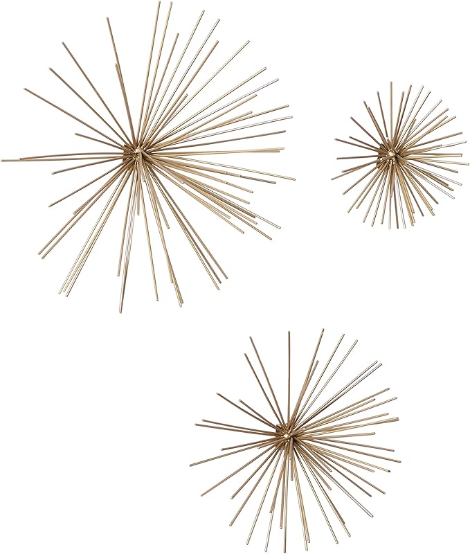 Deco 79 Metal Starburst 3D Long Spike Wall Decor, Set of 3 6", 9", 12"W, Gold