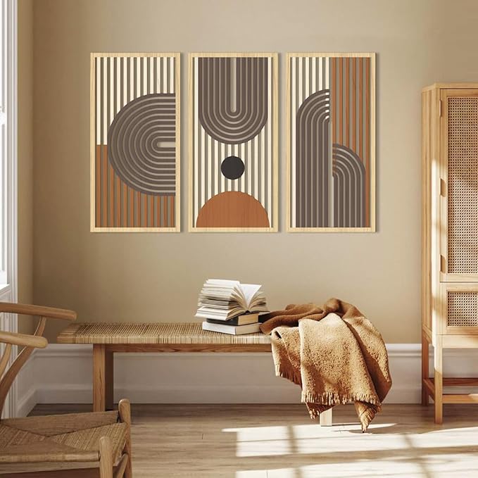 IARTTOP Large Boho Wood Wall Art 16x32 Inch Abstract Mid century Modern Wooden Wall Decor Minimalist Bohemian Orange Artwork for Living Room Bedroom Office Set of 3