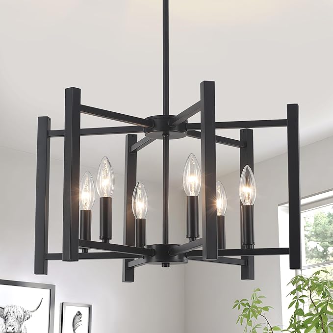 19.7'' Black Chandeliers 6-Light Modern Geometric Dining Room Chandelier Farmhouse Industrial Metal Pendant Light Fixture for Kitchen Living Room Entryway Foyer Hallway Bedroom