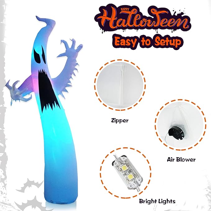 12 Ft Halloween Inflatables Terrible Ghost Decoration with Flash Color Changing Light Blow Up Decor Indoor Outdoor Yard Lawn Decorations