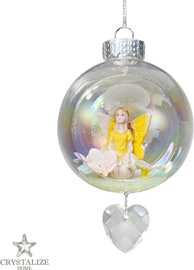 Yellow Fairy Christmas Ornament - Handmade Shatterproof Decorations for Indoor Outdoor Xmas Tree - Clear Ball Ornaments with Magnetic Crystal - Great Gift or Stocking Stuffer for Mom, Sister, Friend