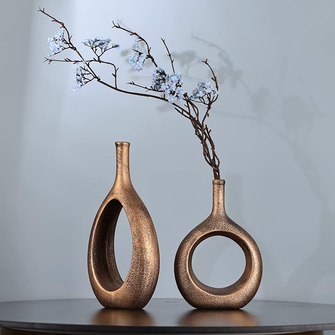 Vintage Gold Ceramic Vase Set 2,Modern Hollow Circle with Hole Flower Vase for Home Decor,for Table Centerpieces,Farmhouse,Fire Place,Living Room,Bedroom,Office,Bookshelf,Rustic Decor