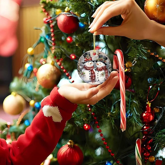 Snowman Couple Ornament Round Ceramic Ornaments Xmas Keepsake for Christmas Tree Winter Holiday Xmas Gift for Women Men Xmas Hanging Ornament 3"