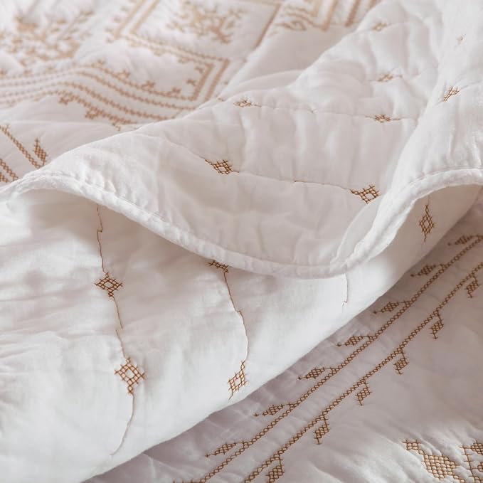 mixinni 3 Pieces Queen Size Comforter Set Gold Embroidery Pattern Printed Soft Cotton White Quilt Set-Queen Size