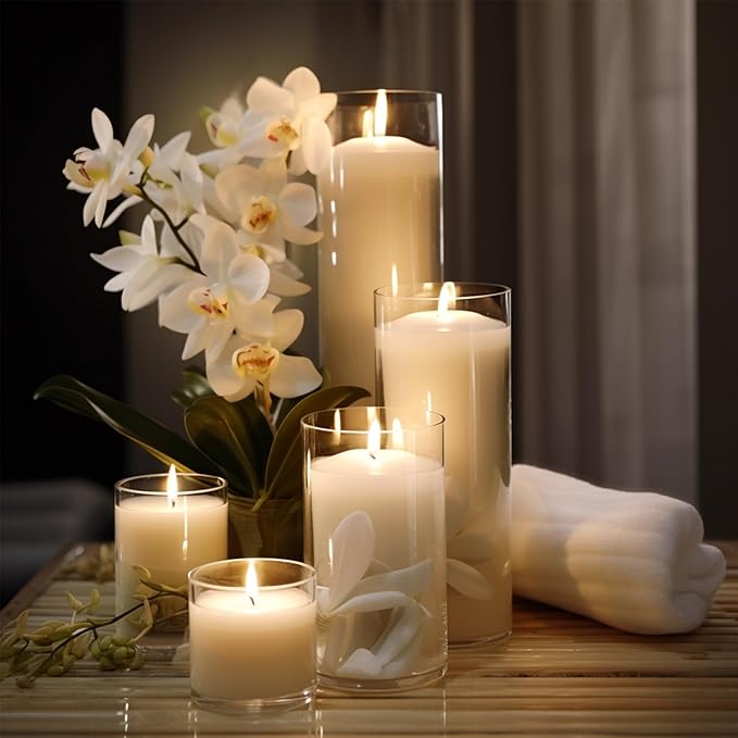 Set of 12 White Pillar Candles with Glass Cylinder Vases Clear Hurricane Glass Candle Holders for Centerpieces Ideal for Weddings Parties and Decor Sandraheer