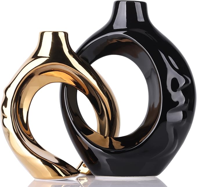 Black Gold Ceramic Vase Set of 2 for Modern Home Decor,Round Boho Vase for Pampas Grass,Neutral Minimalist Vase for Dining Room Table Centerpiece Dining Room,Wedding Table Decoration