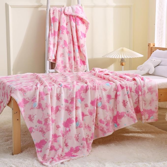 DaysU Plush Flannel Baby Blanket Super-Soft Lightweight, Printed Fleece Baby Blanket for Girls, Oversized Bed Throws for Kids and Children, Pink Space & Star, 50”x60”