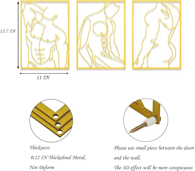 SIETIOJI 3 Pcs Gold Wall Art Decor with Real Metal Wall Art,Gold Metal Modern Minimalist Male Body Shape Wall Art for Living Kitchen Bedroom Wall Decor