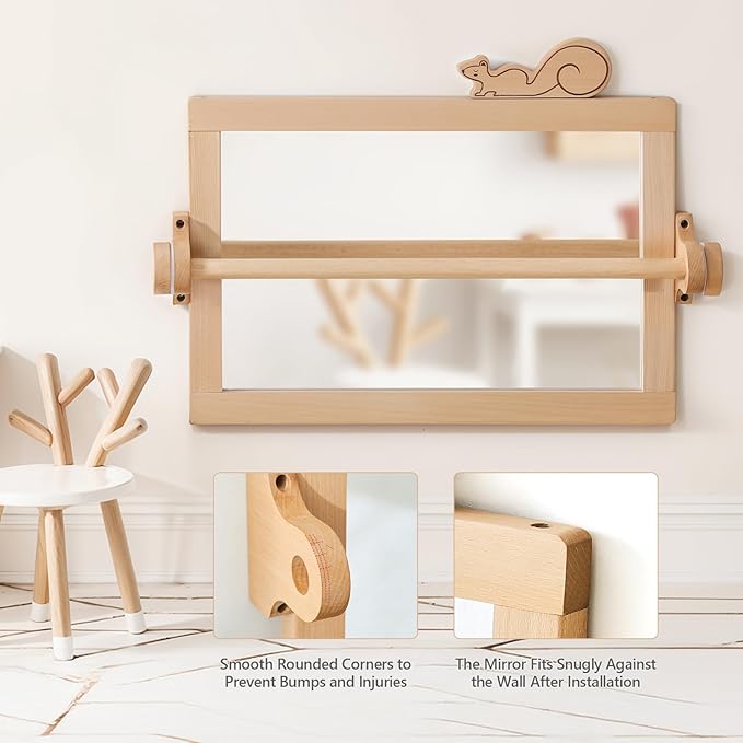 HI BABY MONMENT Montessori Mirror with Bar, Detachable Wooden Frame, Non-Shatter Safety, Wall Mount, Baby Mirror