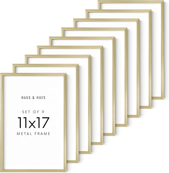 HAUS AND HUES 11x17 Gold Metal Picture Frames - Features Premium Aluminum, Vertical & Horizontal Hang, Shatterproof Plexiglass - Perfect for Home, Room, Office (11x17 in, Gold, Set of 9)