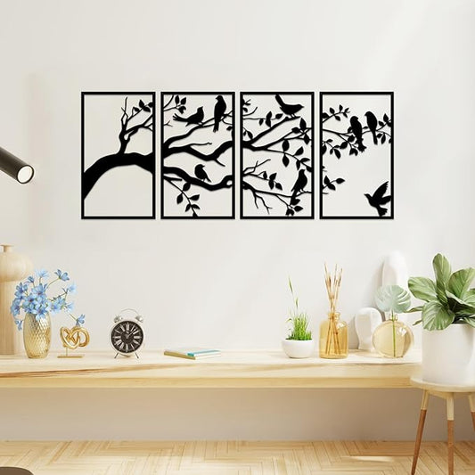 ruelen Wall Decor 4 Pieces Metal Birds and Branch Wall Art, Tree of Life Metal Wall Art, Black Leaves with Birds Silhouette Hanging Wall Sculpture for Indoor Home Bedroom Living Room Office Outdoor