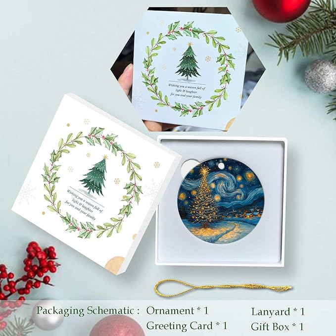 Starry Night Christmas Tree Ornaments Round Ceramic Ornament Christmas Keepsake Decor for Xmas Tree Winter Holiday Xmas Gift for Women Men Hanging Ornament 3"