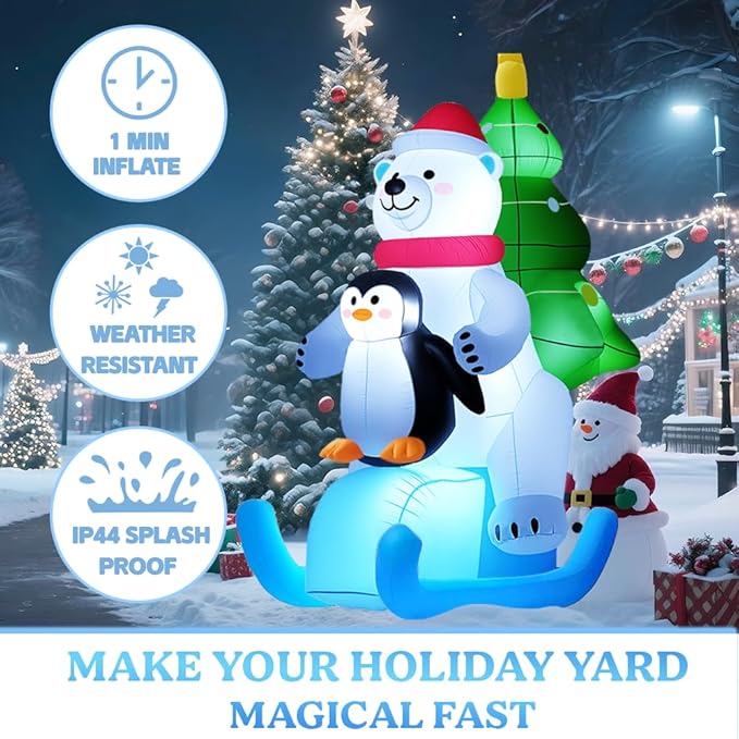 GARIG 7FT Christmas Inflatables Polar Bear and Penguin Outdoor Decorations, Christmas Blow Up Yard Decorations with Built-in LEDs for Xmax Outdoor Party, Yard, Garden