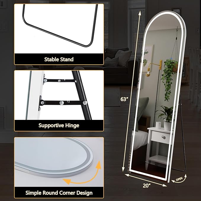 Sweetcrispy 63"x20" Mirror Full Length Standing Mirror with LED Lights, Lighted Floor Mirror with Stand, w/Dimming & 3 Color Lighting, Wall Mirror Full Length Aluminum Alloy Thin Frame, White