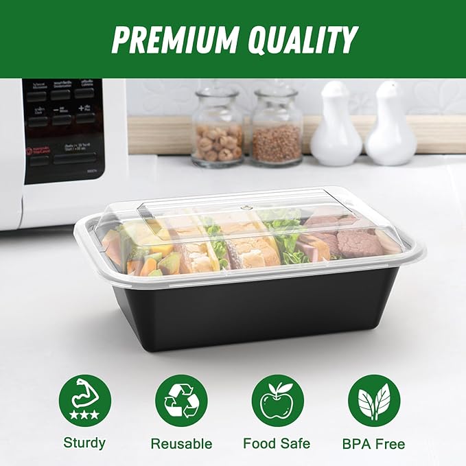 50 Pack (100-Piece) 24 oz Meal Prep Containers Reusable with Lids, Sturdy Leakproof & Food Safe, Microwave, Freezer, Dishwasher Safe Food Prep Containers, To Go Take Out Plastic Food Storage